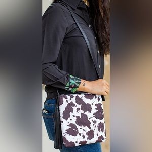 L&B FUZZY COW PRINT CROSSBODY BAG with LARGE TASSEL